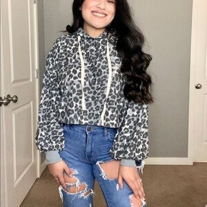Zenana Grey Leopard Pullover Crop Hoodie Sweatshirt
